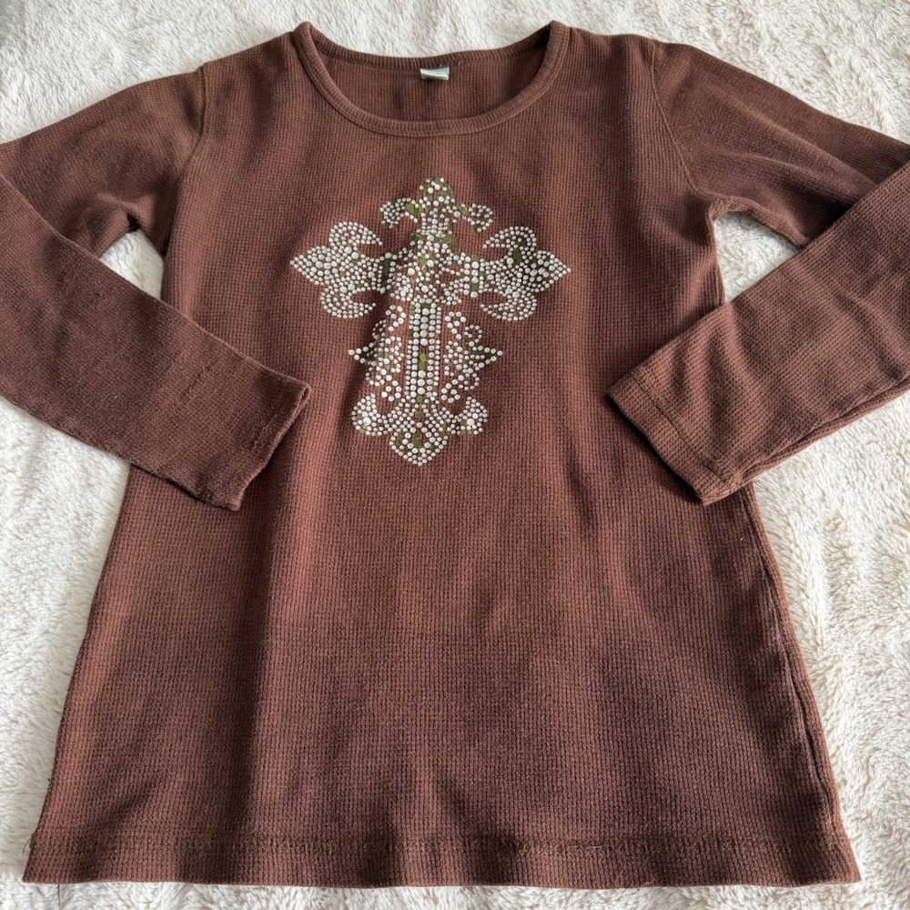 Y2K Grunge Waffle Knit Rhinestone Cross Long Sleeve Thermal Top Size Medium